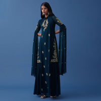 Navy Blue Embroidered Indowestern Georgette Dress With Stylized Flared Sleeves