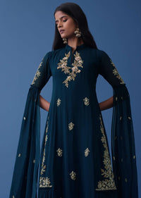 Navy Blue Embroidered Indowestern Georgette Dress With Stylized Flared Sleeves