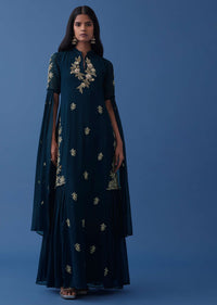 Navy Blue Embroidered Indowestern Georgette Dress With Stylized Flared Sleeves