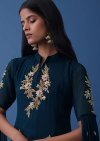 Navy Blue Embroidered Indowestern Georgette Dress With Stylized Flared Sleeves