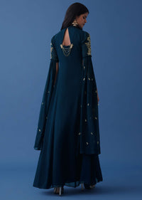 Navy Blue Embroidered Indowestern Georgette Dress With Stylized Flared Sleeves