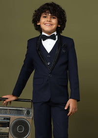 Navy Blue Embroidered Tuxedo In Suiting Fabric