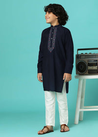 Navy Blue Embroidered Kurta And Pant Set In Silk