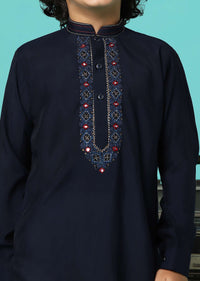 Navy Blue Embroidered Kurta And Pant Set In Silk