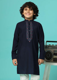 Navy Blue Embroidered Kurta And Pant Set In Silk