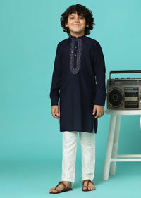 Navy Blue Embroidered Kurta And Pant Set In Silk