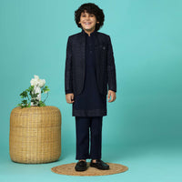 Navy Blue Embroidered Sherwani Set In Silk