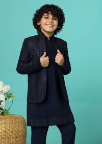 Navy Blue Embroidered Sherwani Set In Silk