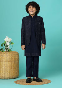 Navy Blue Embroidered Sherwani Set In Silk