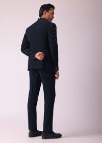 Navy Blue Embroidered Indowestern In Suiting Fabric