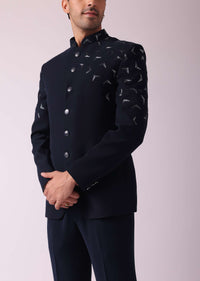 Navy Blue Embroidered Indowestern In Suiting Fabric