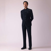 Navy Blue Embroidered Indowestern In Suiting Fabric
