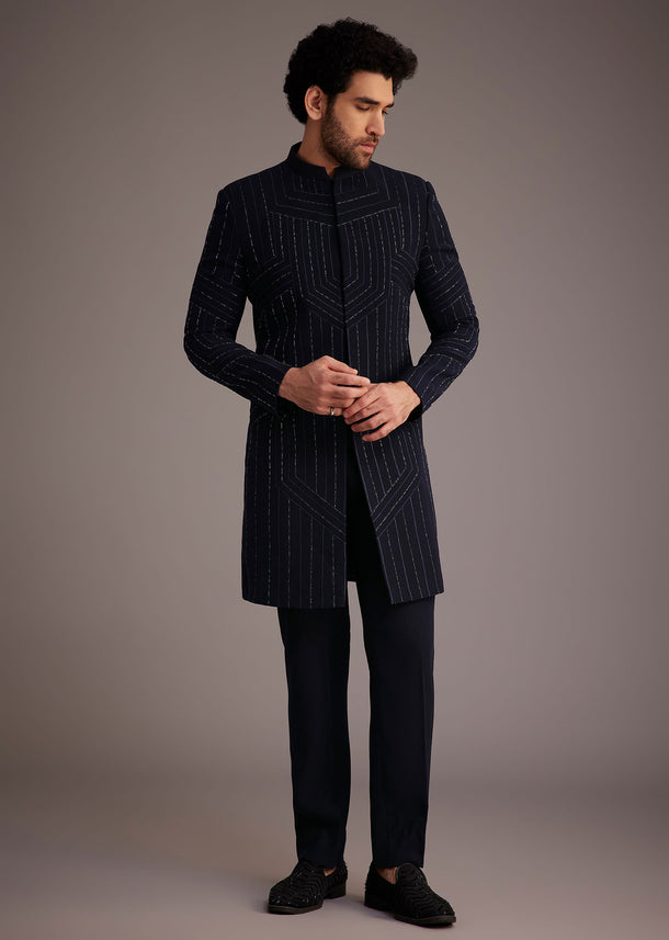 Navy Blue Embroidered Bandhgala Suit