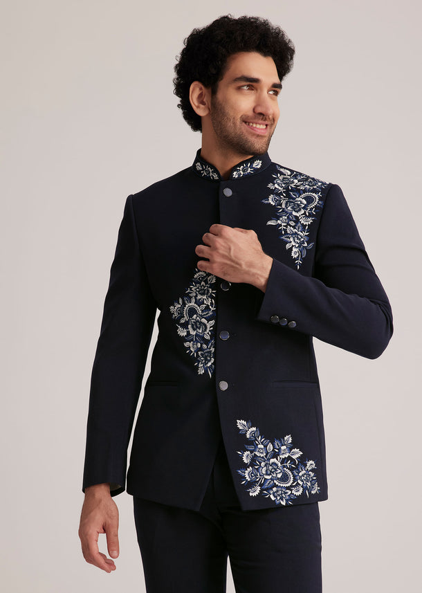 Navy Blue Embroidered Bandhgala Suit Kalki