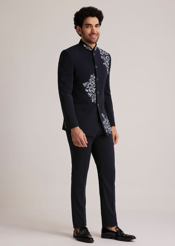 Navy Blue Embroidered Bandhgala Suit Kalki