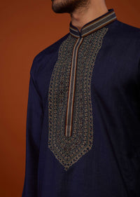 Indigo Blue Embroidered Cotton Silk Kurta Set