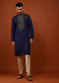 Indigo Blue Embroidered Cotton Silk Kurta Set