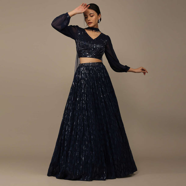 Navy Blue Embroidered Festive Lehenga Set In Georgette