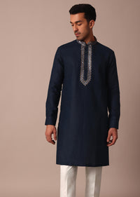 Navy Blue Embroidered Kurta With Yoke Detail