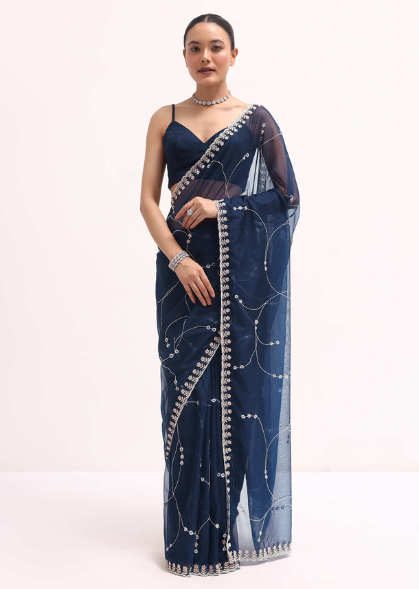 Navy Blue Embroidered Organza Saree With Unstitched Blouse