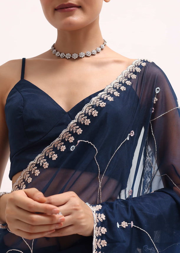 Navy Blue Embroidered Organza Saree With Unstitched Blouse