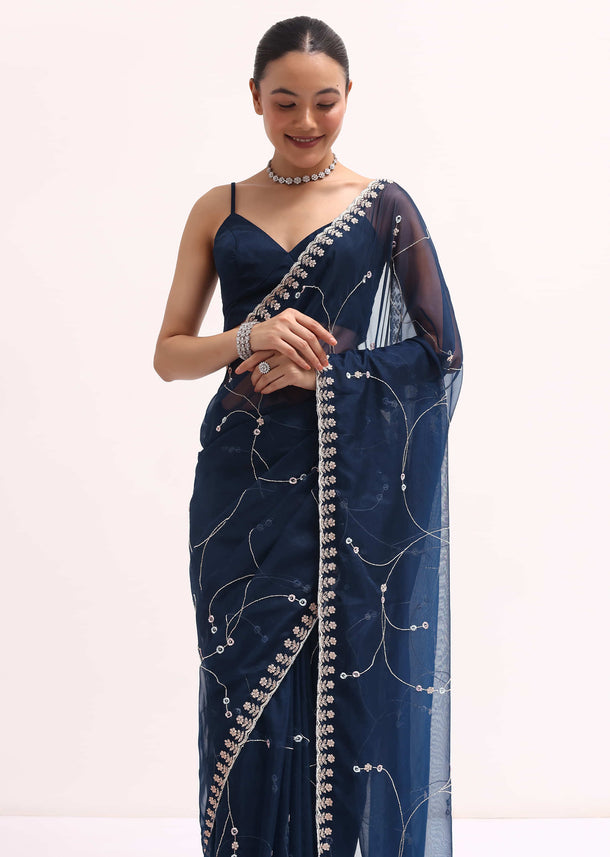 Navy Blue Embroidered Organza Saree With Unstitched Blouse