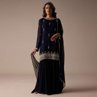 Navy Blue Embroidered Sharara Set In Chiffon