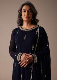 Navy Blue Embroidered Sharara Set In Chiffon