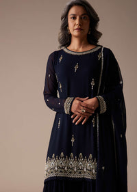 Navy Blue Embroidered Sharara Set In Chiffon