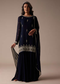 Navy Blue Embroidered Sharara Set In Chiffon