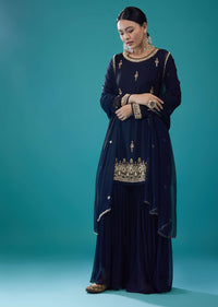 Navy Blue Embroidered Sharara Set In Chiffon