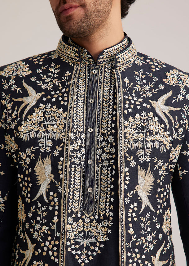 Navy Blue Embroidered Sherwani Kurta Set