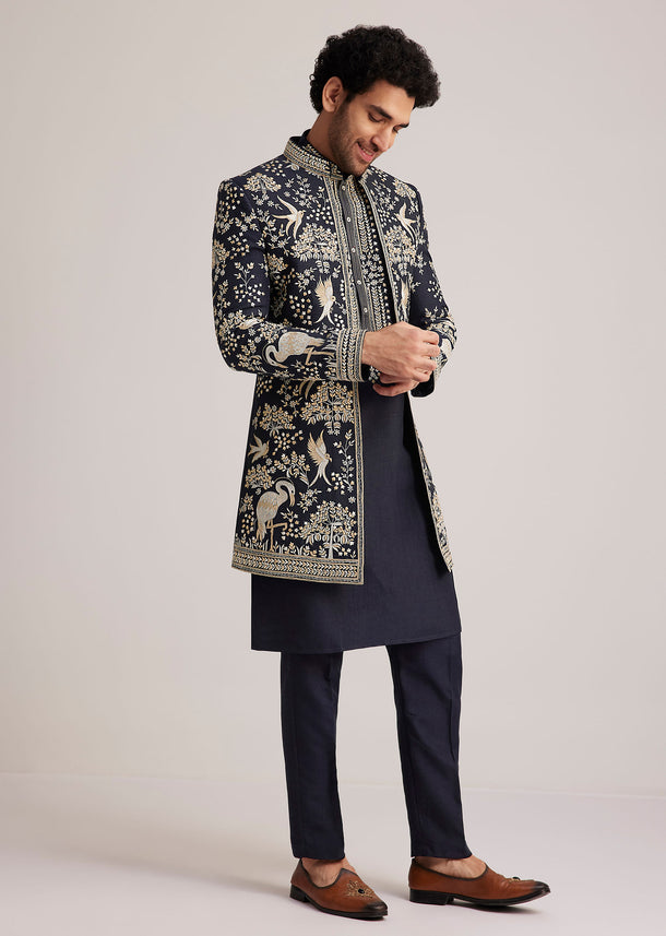 Navy Blue Embroidered Sherwani Kurta Set