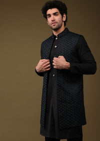 Midnight Green Festive Textured Jacket Kurta Set With Cut Dana And Thread Embroidery In Art Silk