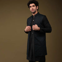 Midnight Green Festive Textured Jacket Kurta Set With Cut Dana And Thread Embroidery In Art Silk