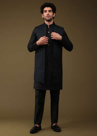 Midnight Green Festive Textured Jacket Kurta Set With Cut Dana And Thread Embroidery In Art Silk