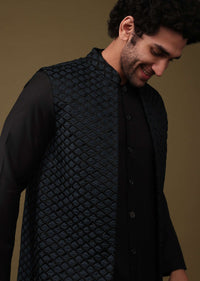 Midnight Green Festive Textured Jacket Kurta Set With Cut Dana And Thread Embroidery In Art Silk