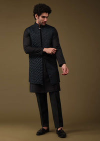 Midnight Green Festive Textured Jacket Kurta Set With Cut Dana And Thread Embroidery In Art Silk