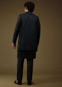 Midnight Green Festive Textured Jacket Kurta Set With Cut Dana And Thread Embroidery In Art Silk