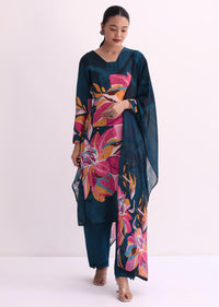 Navy Blue Floral Printed Kurti Pant Set With Dupatta