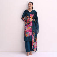 Navy Blue Floral Printed Kurti Pant Set With Dupatta