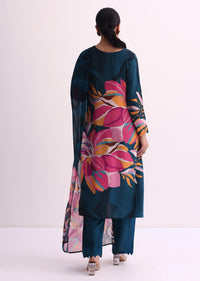 Navy Blue Floral Printed Kurti Pant Set With Dupatta