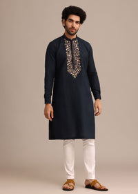 Navy Blue Floral Resham Handwork Kurta Set In Linen