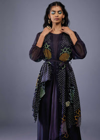 Wine Purple Gajji Silk Attached Shrug With Silk Jumpsuit