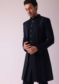 Navy Blue Geometric Patterned Achkan Style Indo Western Set