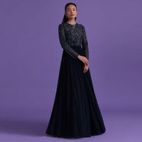 Navy Blue Gown In Georgette With Cut Dana Embroidery