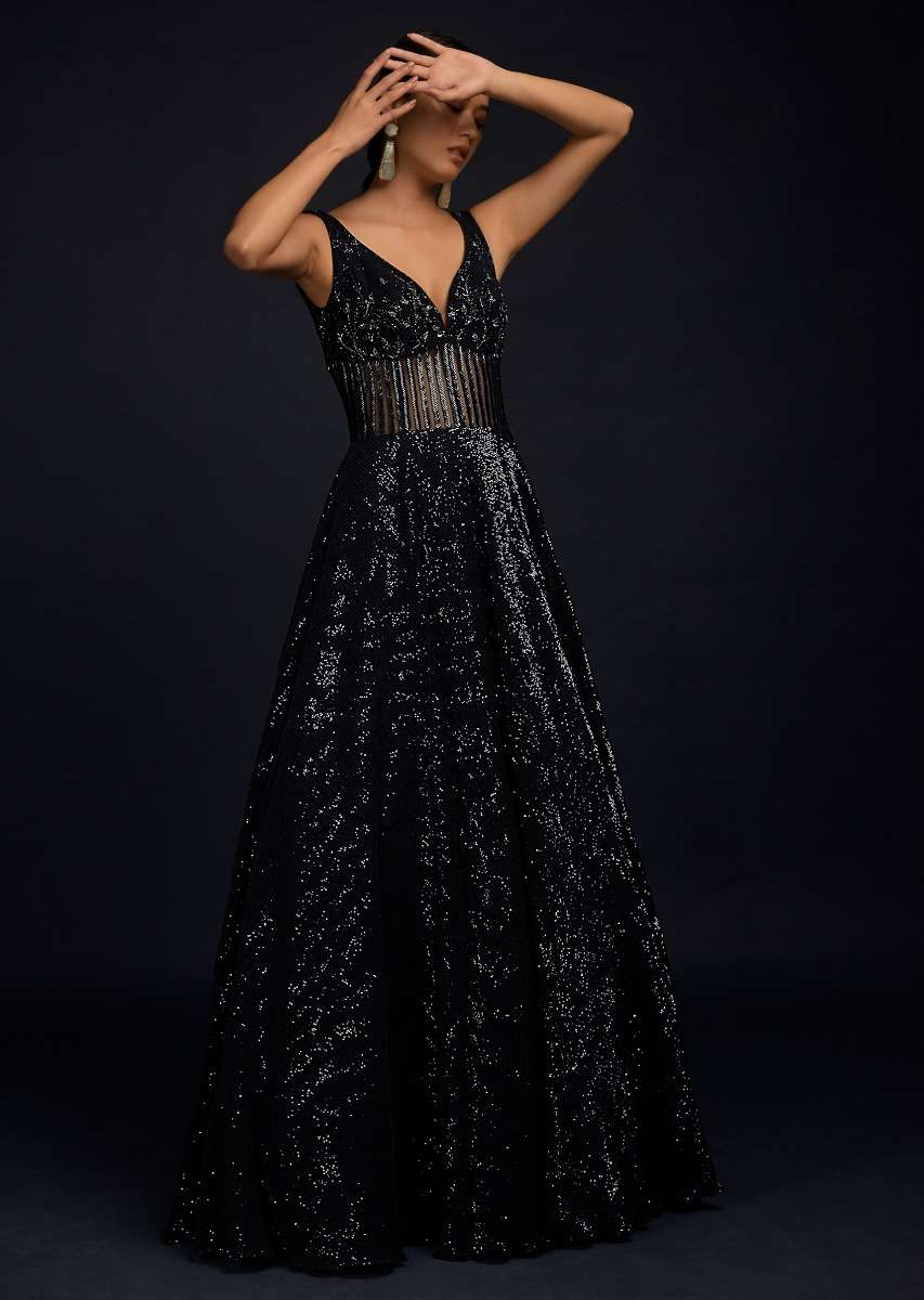 Navy Blue Gown Embellished In Sequins With Cut Dana Embellished Sheer Waist And Deep Sweetheart Neckline