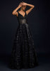 Navy Blue Gown Embellished In Sequins With Cut Dana Embellished Sheer Waist And Deep Sweetheart Neckline