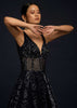 Navy Blue Gown Embellished In Sequins With Cut Dana Embellished Sheer Waist And Deep Sweetheart Neckline