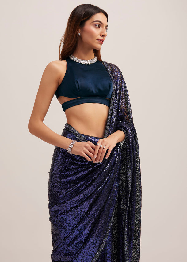 Navy Blue Heavy Sequins Saree